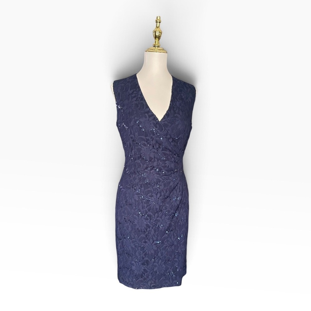 Lauren Ralph Lauren Navy Lace Sequin Sheath Cocktail Dress Size 6 Ruching